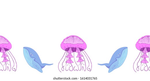 Cute seamless banner template with blue whales, pink jellyfish and copy space. White background. Doodle hand drawn style illustration. Vector.