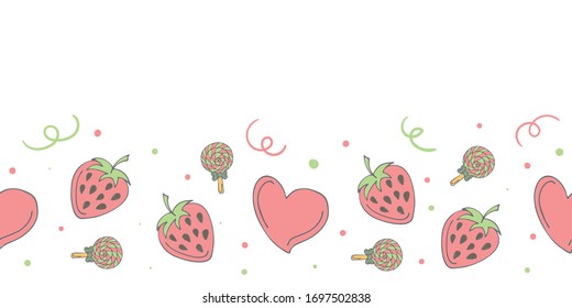 Cute seamless banner template with candies, strawberries, red hearts, doodle elements and copy space. White background. Doodle style illustration. Vector.
