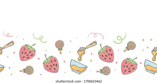 Cute seamless banner template with candies, strawberries, honey bowl and stick, doodle elements and copy space. White background. Doodle style illustration. Vector.