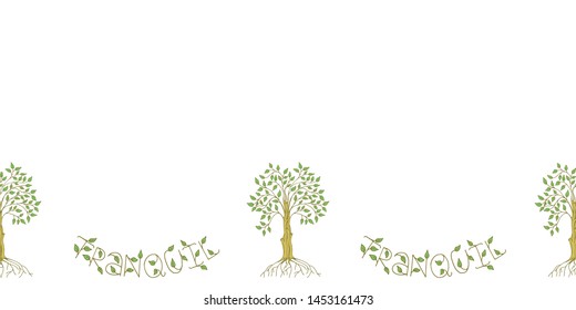 Cute seamless banner template with a ficus with green leaves and roots, lettering and copy space. White background. Hand drawn style illustration. Vector.