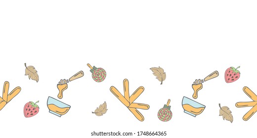 Cute seamless banner template with honey bowls, depilatory sticks, feathers, candies, strawberries and copy space. White background. Doodle style illustration. Vector.