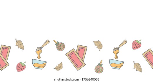 Cute seamless banner template with honey bowls, depilatory tissues, feathers, candies, strawberries and copy space. White background. Doodle style illustration.