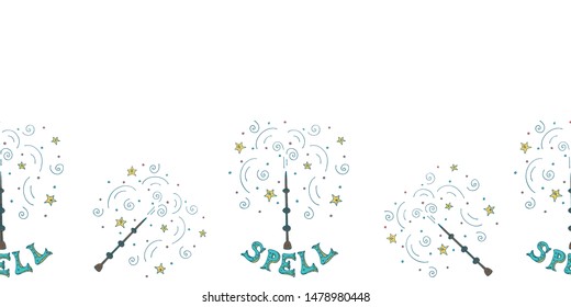 Cute seamless banner template with magic wands, confetti, curls and stars, lettering and copy space. White background. Doodle style illustration. Vector.