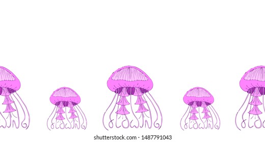 Cute seamless banner template with pink jellyfish, flowing lettering and copy space. White background. Doodle hand drawn style illustration. Vector.
