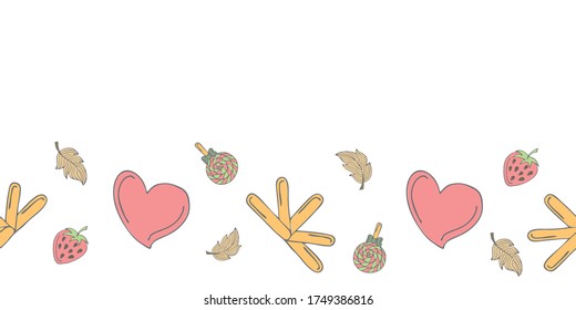 Cuidada plantilla de banner sin costura con corazones rojos, palos depilatorios, plumas, caramelos, fresas y espacio de copia. Fondo blanco. Ilustración de estilo Doodle. Vector.