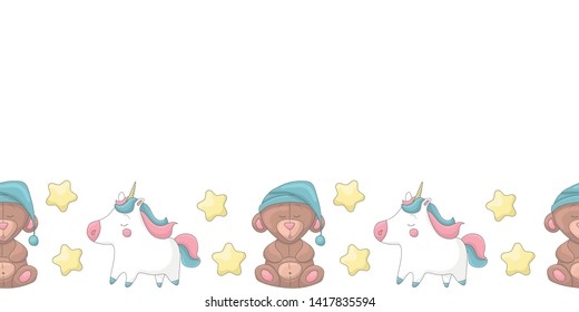 Cute seamless banner template with sleeping bears in night caps, stars, unicorns and copy space. White background. Cartoon style illustration. Vector.