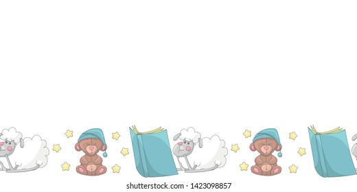 Cute seamless banner template with sleeping bears in night caps, stars, sheep reading books and copy space. White background. Cartoon style illustration. Vector.