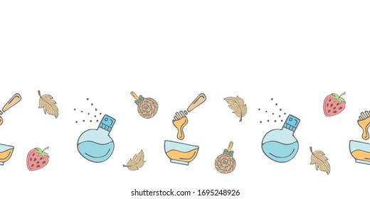Planta de banner sin fisuras con pulverizadores, plumas, cuencos y palos de miel, caramelos, fresas y espacio para copiar. Fondo blanco. Ilustración de estilo Doodle. Vector.