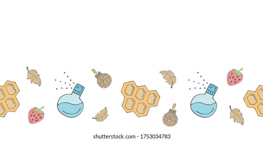 Cute seamless banner template with sprayers, feathers, honeycombs, candies, strawberries and copy space. White background. Doodle style illustration.