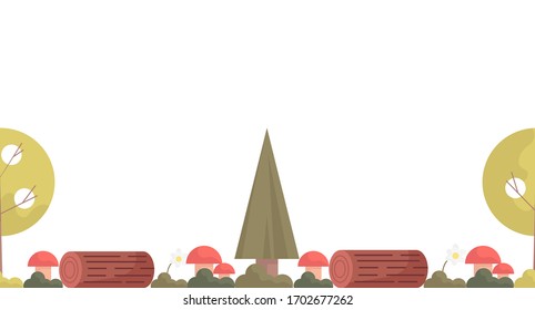 Cute seamless banner template with spruces, trees, bushes, grass, mushrooms, chamomiles, logs and copy space. White background. Flat style illustration.