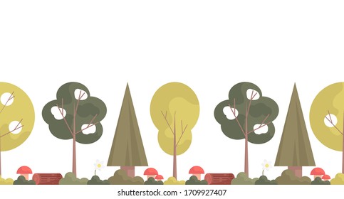 Fichte, Bäume, Sträucher, Gras, Pilze, Kamille, Stämme und Kopienraum - eine nahtlose Bannervorlage. Weißer Hintergrund. Flaches Beispiel.