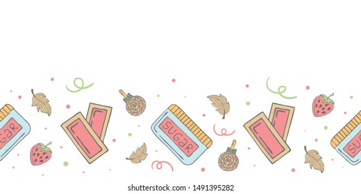 Cute seamless banner template with sugar container, strawberries, lollipops, feathers, depilatory tissues, doodle elements and copy space. White background. Doodle style illustration. Vector.