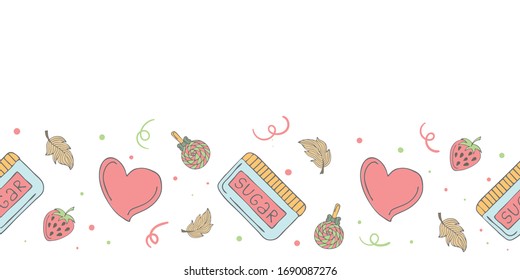 Cute seamless banner template with sugar container, strawberries, lollipops, feathers, red hearts, doodle elements and copy space. White background. Doodle style illustration. Vector.