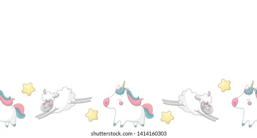 Cute seamless banner template with unicorns, stars, flying sheep and copy space. White background. Cartoon style illustration. Vector.