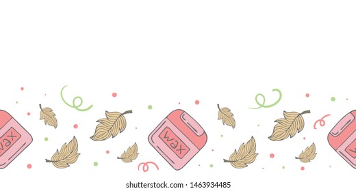 Cute seamless banner template with wax roller, feathers, doodle elements and copy space. White background. Doodle style illustration. Vector.
