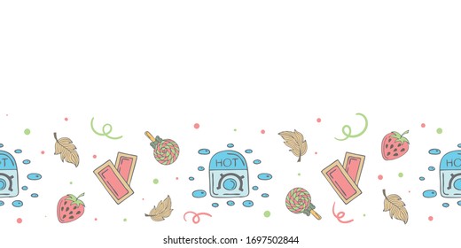 Planta de banner sin fisuras con calentadores de cera, plumas, tejidos depiladores, caramelos, fresas, elementos de doodle y espacio para copiar. Fondo blanco. Ilustración de estilo Doodle. Vector.