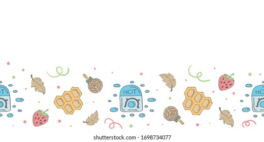 Eine nahtlose Bannervorlage mit Wachswärmern, Federn, Honigwaben, Bonbons, Erdbeeren, Doodle-Elementen und Kopienraum. Weißer Hintergrund. Doodle-Stil-Illustration. Vektorillustration.