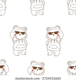 Lindo patrón de personaje de oso sin costuras con gafas de sol y trajes con capucha en estilo de arte de línea simple, con poses juguetonas para temas de moda callejera, diseños infantiles y fondos decorativos modernos.
