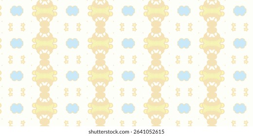 Cute seamless bear and cloud pattern in soft yellow and blue shades, ideal for baby apparel, nursery wallpapers, or kawaii-themed crafts and packaging.