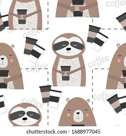 Cute seamless bear and sloth with coffee childish pattern vector illustration. Creative scandinavian style kids deisgn texture for wallpaper, apparel, fabric, wrapping, textile, posters