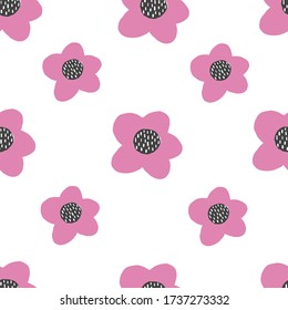Cute Seamless big and simple pink and black floral Scandinavian style pattern. Seamless repeating vector pattern.