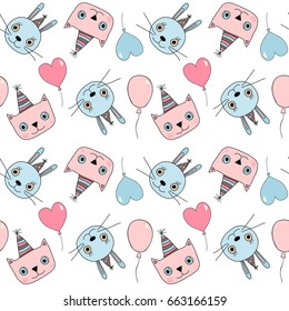 Cute seamless birthday pattern with cats, bunnies and balloons in blue and pink colors for invitations, greeting cards and textile