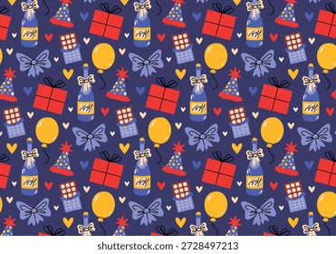 Bonito padrão de aniversário sem costura. Impressão de festa com arcos festivos, caixas de presente, chapéus de festa, garrafas de champanhe, barras de chocolate, balões e corações em fundo roxo. Decoração de papel de embrulho. Fazendo papel de festa, decoração, embalagem, saudações.