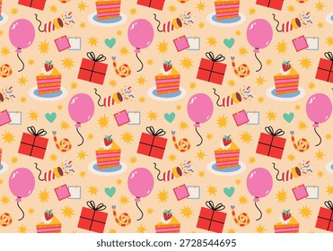 Cute seamless Birthday pattern. Party print with festive gift boxes, candles, cakes on plate, toots, petards, hearts and stars on yellow background. Colorful wrapping paper decor for holidays. Making party paper, decoration, packaging, greetings.