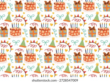 Bonito padrão de aniversário sem costura. Estampa de festa com arcos festivos, caixas de presente, chapéus de festa, confetes, bolos com velas e corações em fundo branco. Decoração de papel de embrulho colorido para feriados. Fazendo papel de festa, decoração, saudações, embalagem.