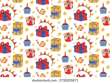 Lindo patrón de cumpleaños sin fisuras. Impresión de fiesta imprimible con arcos festivos, cajas de regalo de colores de diferentes Formas y tamaños, confeti, silbatos, estrellas. Decoración de papel de regalo. Haciendo el papel del partido, decoración, empaquetado, saludos y tarjeta feliz de las vacaciones