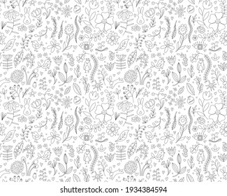 Cute seamless black and white pattern with the image of various elements of flowers, branches, birds, rabbits, eyes. Perfect for wallpaper design, wrapping paper. Vector illustration. Hand drawn.