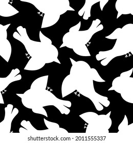 Cute seamless black and white vector pattern illustration colorful design of silhouettes cartoon birds. The design is perfect for wrapping paper, wallpaper, textiles, backgrounds