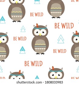 cute seamless boho owl pattern isolated on white, tribal bird background, vector illustration for any design