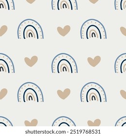 Cute seamless boho pattern with hand-drawn rainbows. Children's textiles.