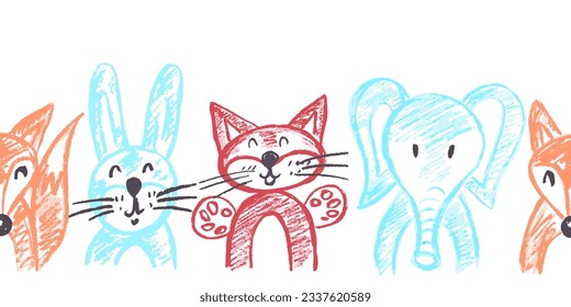 Cute seamless border. Drawings with wax crayons. Design for paper, fabric, interior decor and other use