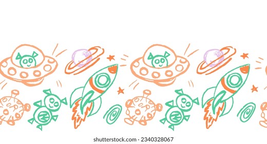 Cute seamless border. Drawings with wax crayons. Design for paper, fabric, interior decor and other use