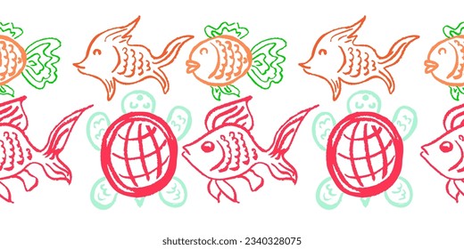Cute seamless border. Drawings with wax crayons. Design for paper, fabric, interior decor and other use