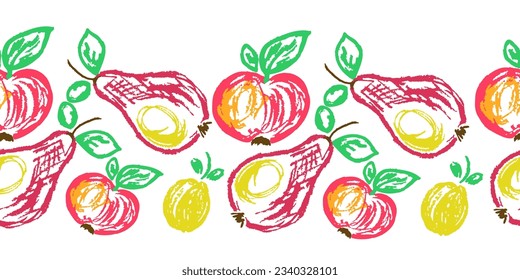 Cute seamless border. Drawings with wax crayons. Design for paper, fabric, interior decor and other use