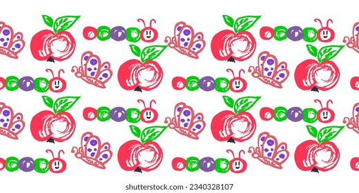 Cute seamless border. Drawings with wax crayons. Design for paper, fabric, interior decor and other use