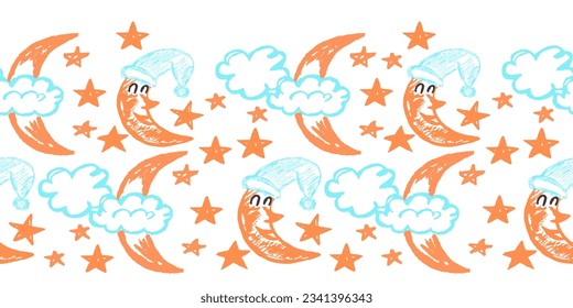 Cute seamless border. Drawings with wax crayons. Design for paper, fabric, interior decor and other use