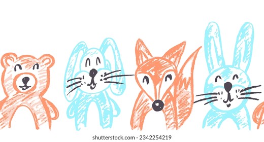 Cute seamless border. Drawings with wax crayons. Design for paper, fabric, interior decor and other use