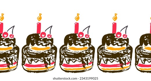 Cute seamless border. Drawings with wax crayons. Design for paper, fabric, interior decor and other use