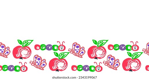 Cute seamless border. Drawings with wax crayons. Design for paper, fabric, interior decor and other use