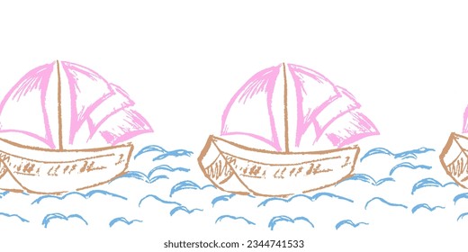 Cute seamless border. Drawings with wax crayons. Design for paper, fabric, interior decor and other use