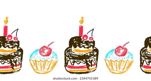 Cute seamless border. Drawings with wax crayons. Design for paper, fabric, interior decor and other use