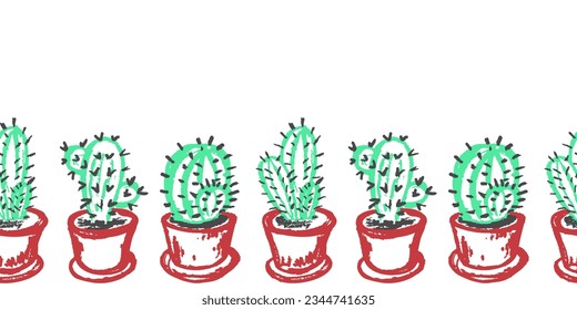 Cute seamless border. Drawings with wax crayons. Design for paper, fabric, interior decor and other use