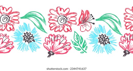 Cute seamless border. Drawings with wax crayons. Design for paper, fabric, interior decor and other use