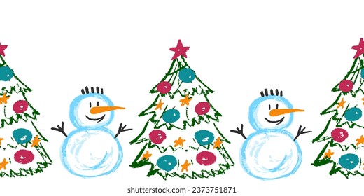 Cute seamless border. Drawings with wax crayons. Design for paper, fabric, interior decor and other use