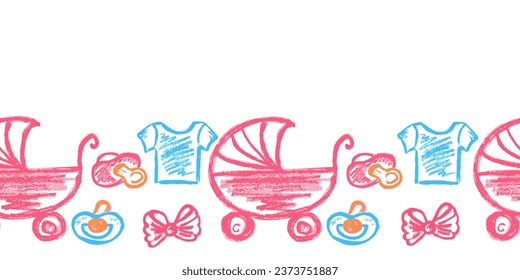 Cute seamless border. Drawings with wax crayons. Design for paper, fabric, interior decor and other use