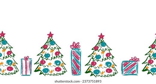 Cute seamless border. Drawings with wax crayons. Design for paper, fabric, interior decor and other use